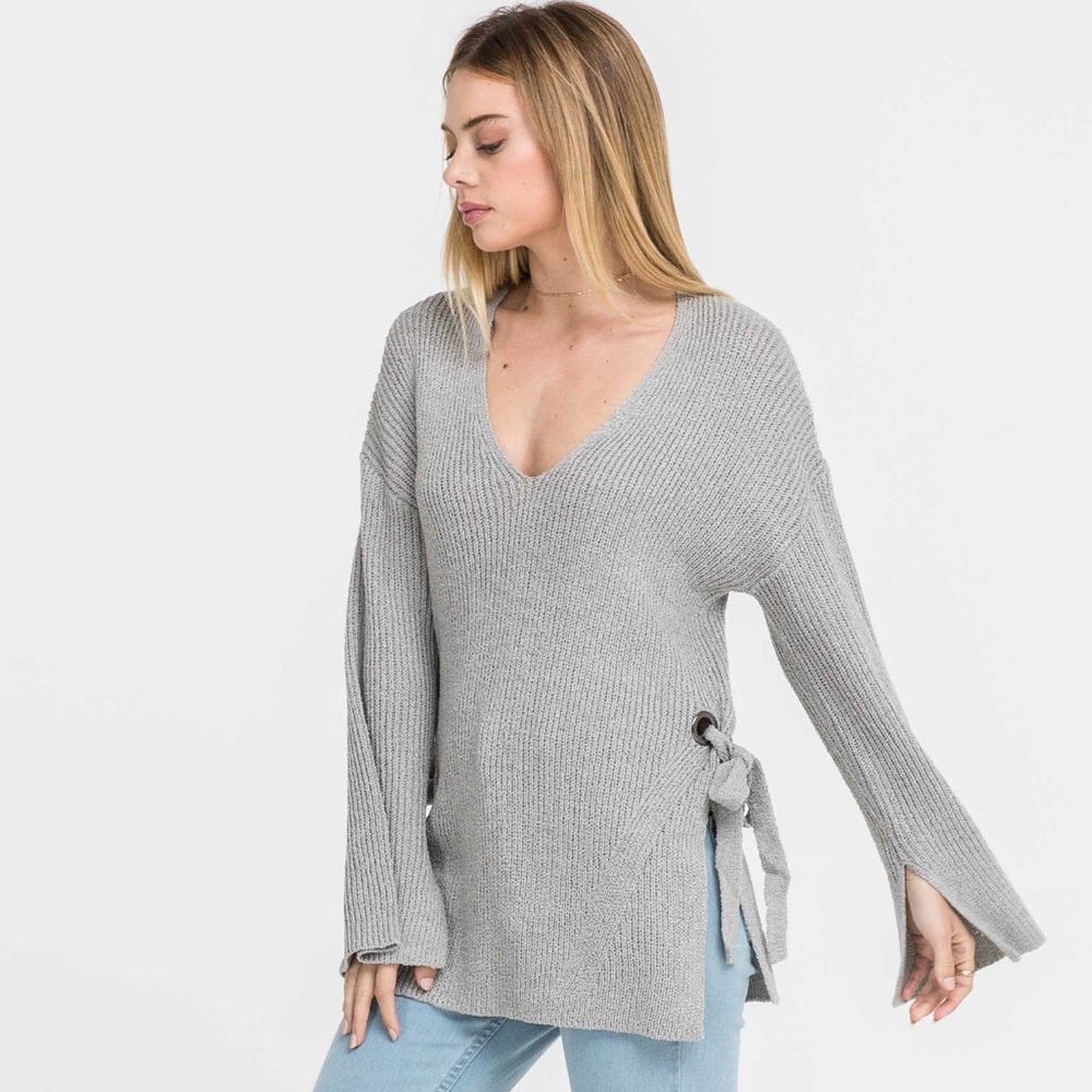 Lush Gray Tie Side Sweater Knit